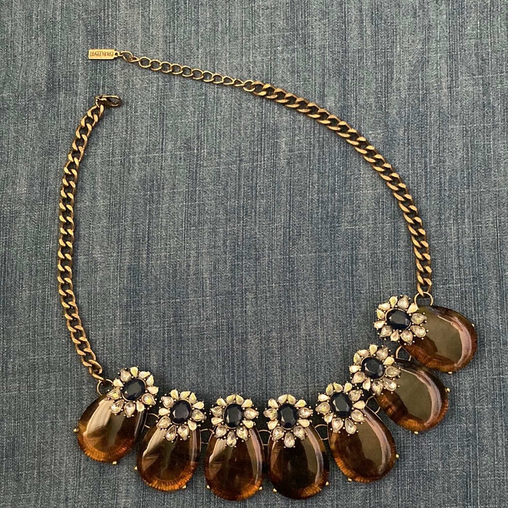 Tortoise shell statement necklace with faux sapphires and rhinestones